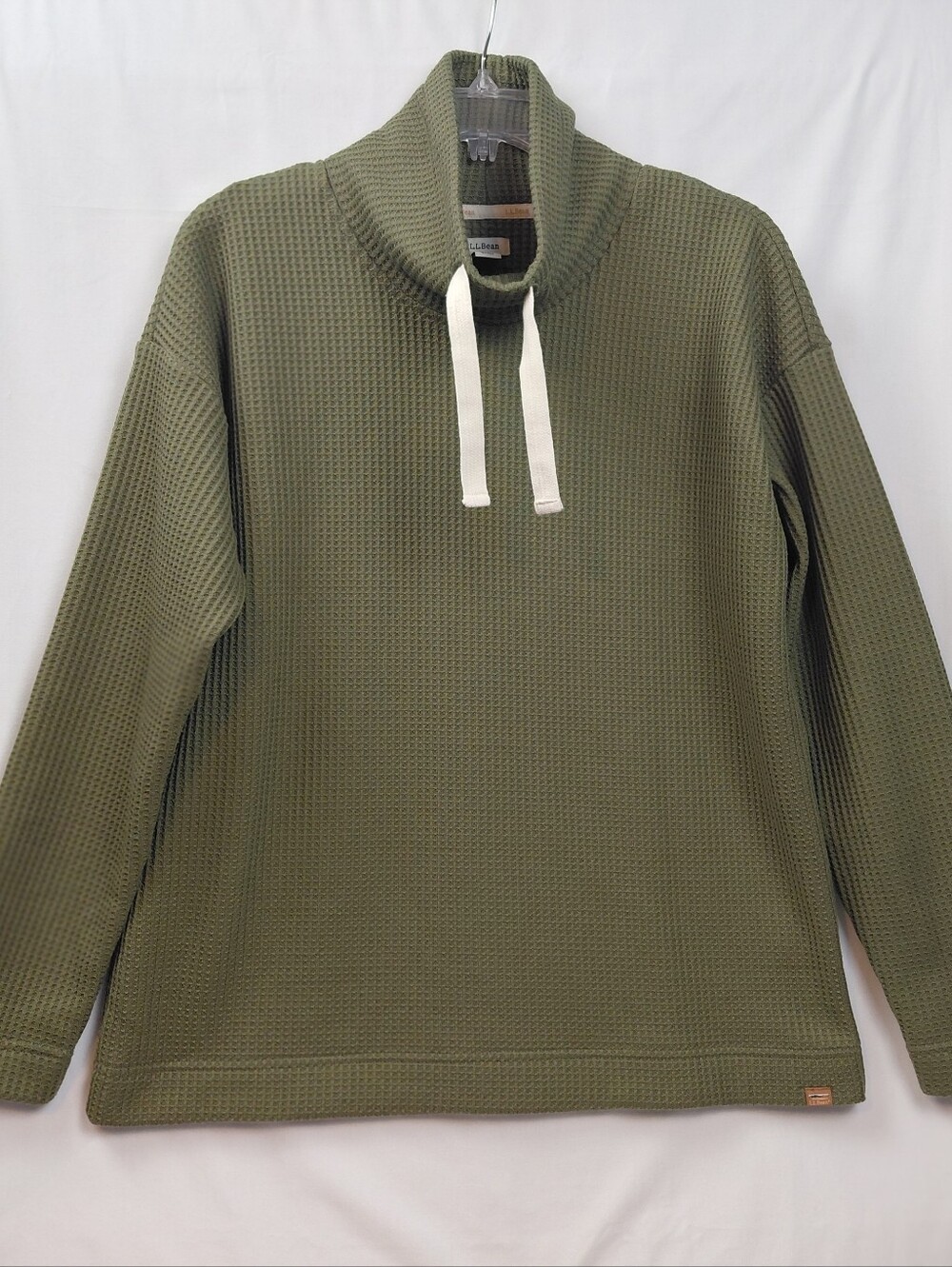 LL Bean Funnel Neck Waffle Knit Pullover Top Size Medium Olive Green